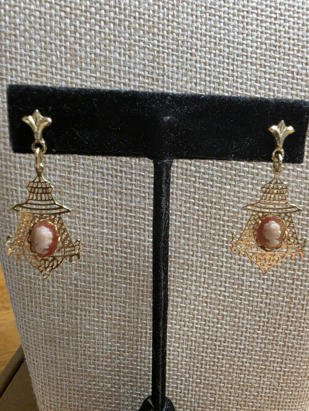 Vintage  Pagoda Style Open Work Gold Tone Filagree Faux Cameo Earrings